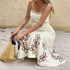 Cream Maxi Dress with Brown Embroidered Motifs